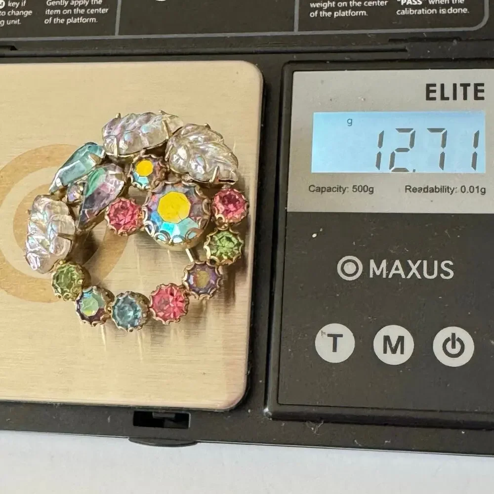 Rudolph Weiss Fruit Salad Glass Leaves AB Rhinestone Gold Wreath Pin Brooch